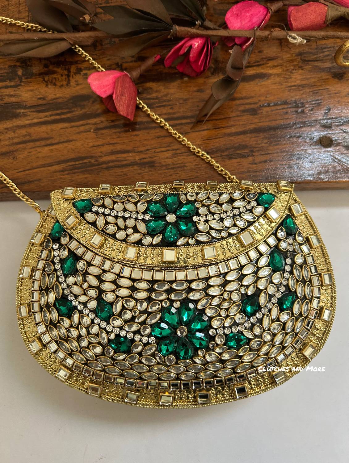 Kasika Kundan Brass Clutch Gold Green