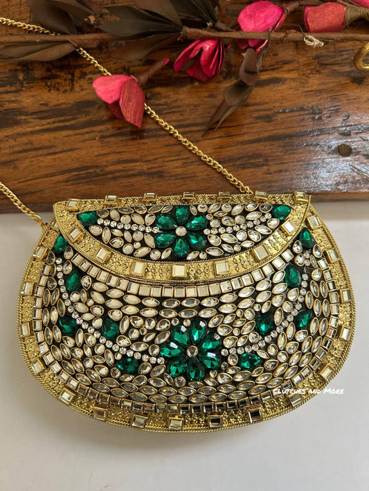 Kasika Kundan Brass Clutch Gold Green