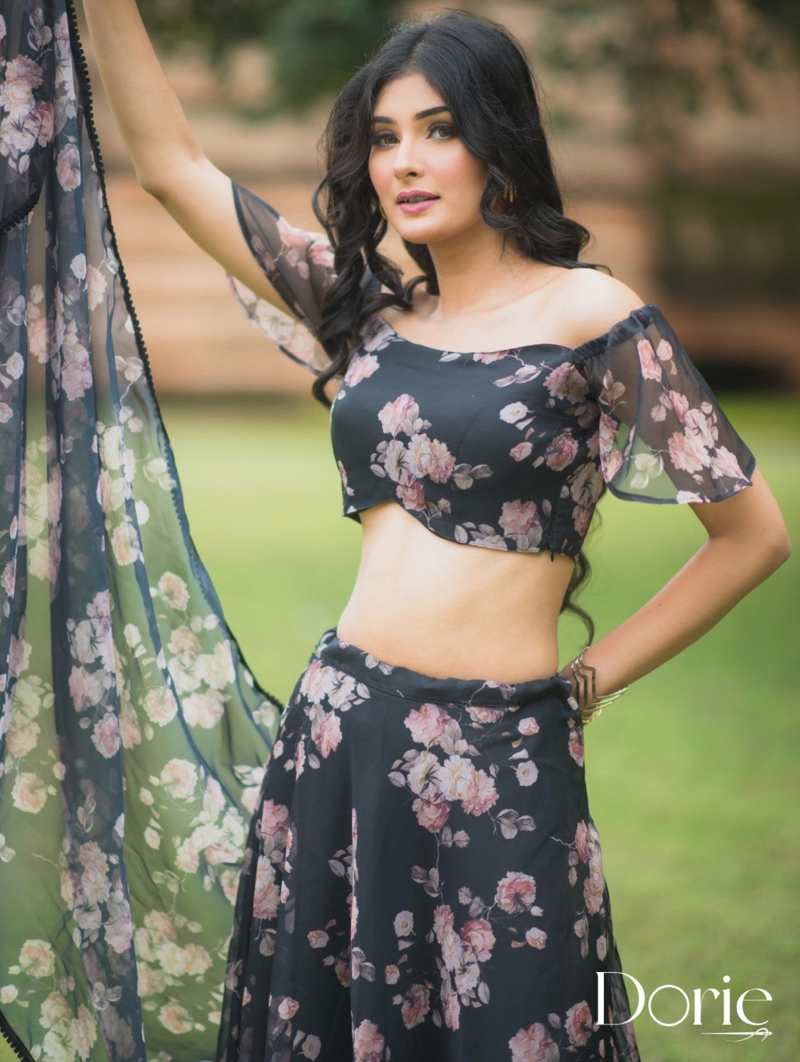 Black Floral Organza Lehenga by Dorie