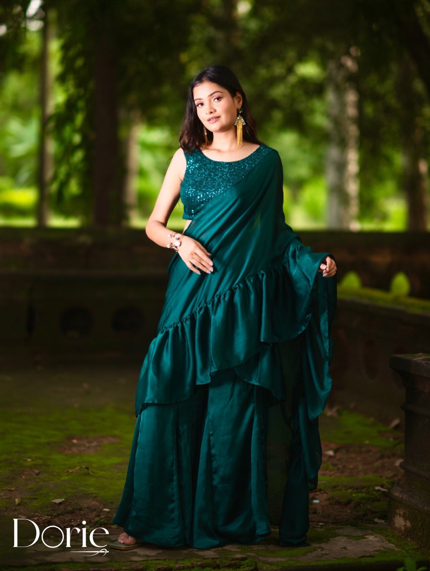 Green Satin Pre Draped Plazzo Saree by Dorie