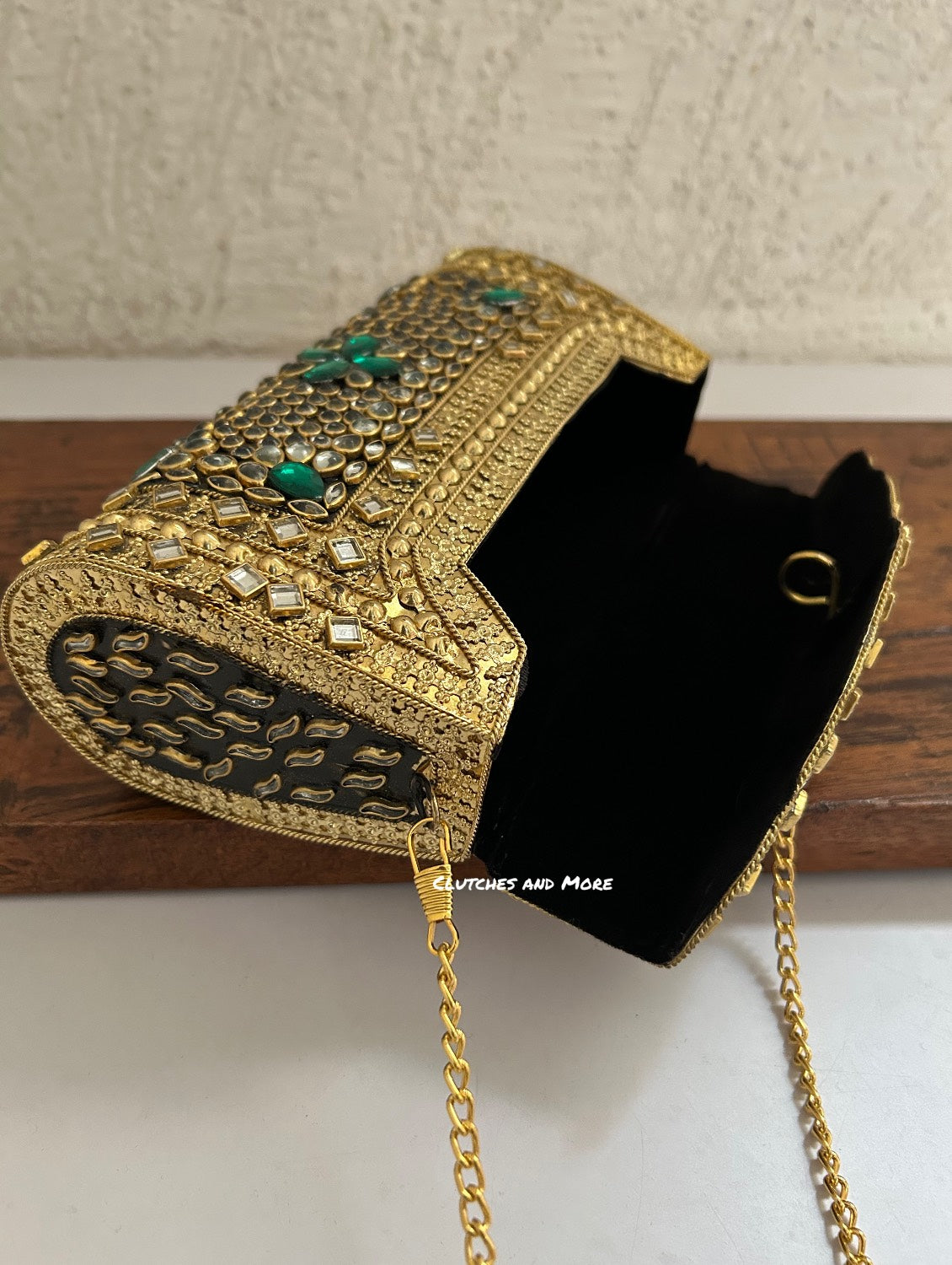 Kasika Kundan Brass Clutch Gold Green