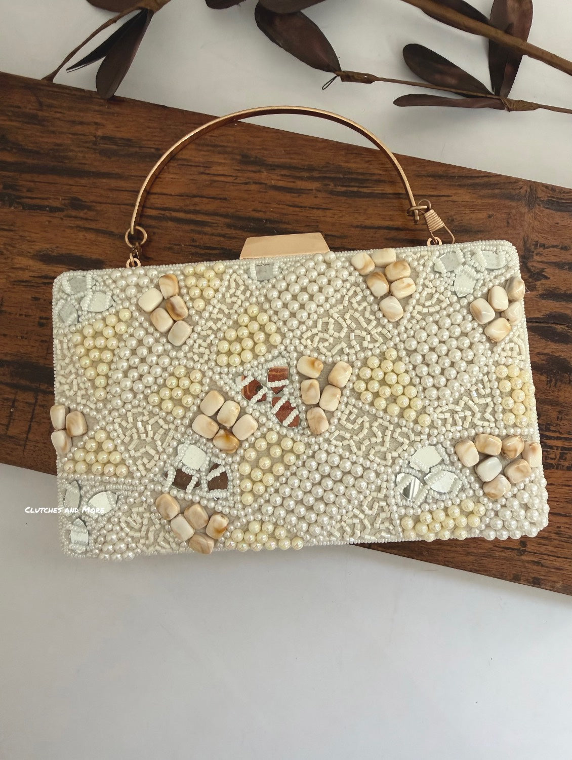 Elara Pearl and Shell Clutch White