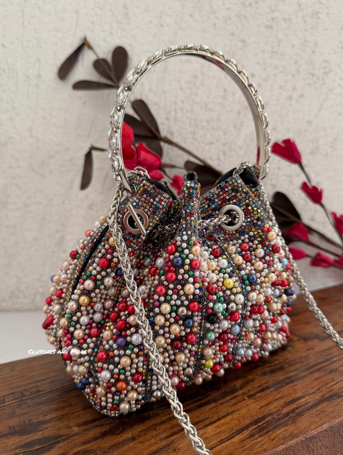 Luxe Multicolored Pearl Bucket Bag