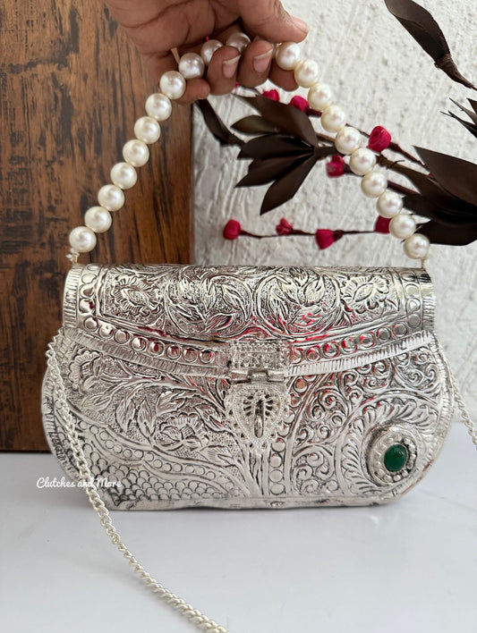 Silver Brass Clutch with Pearl Handle