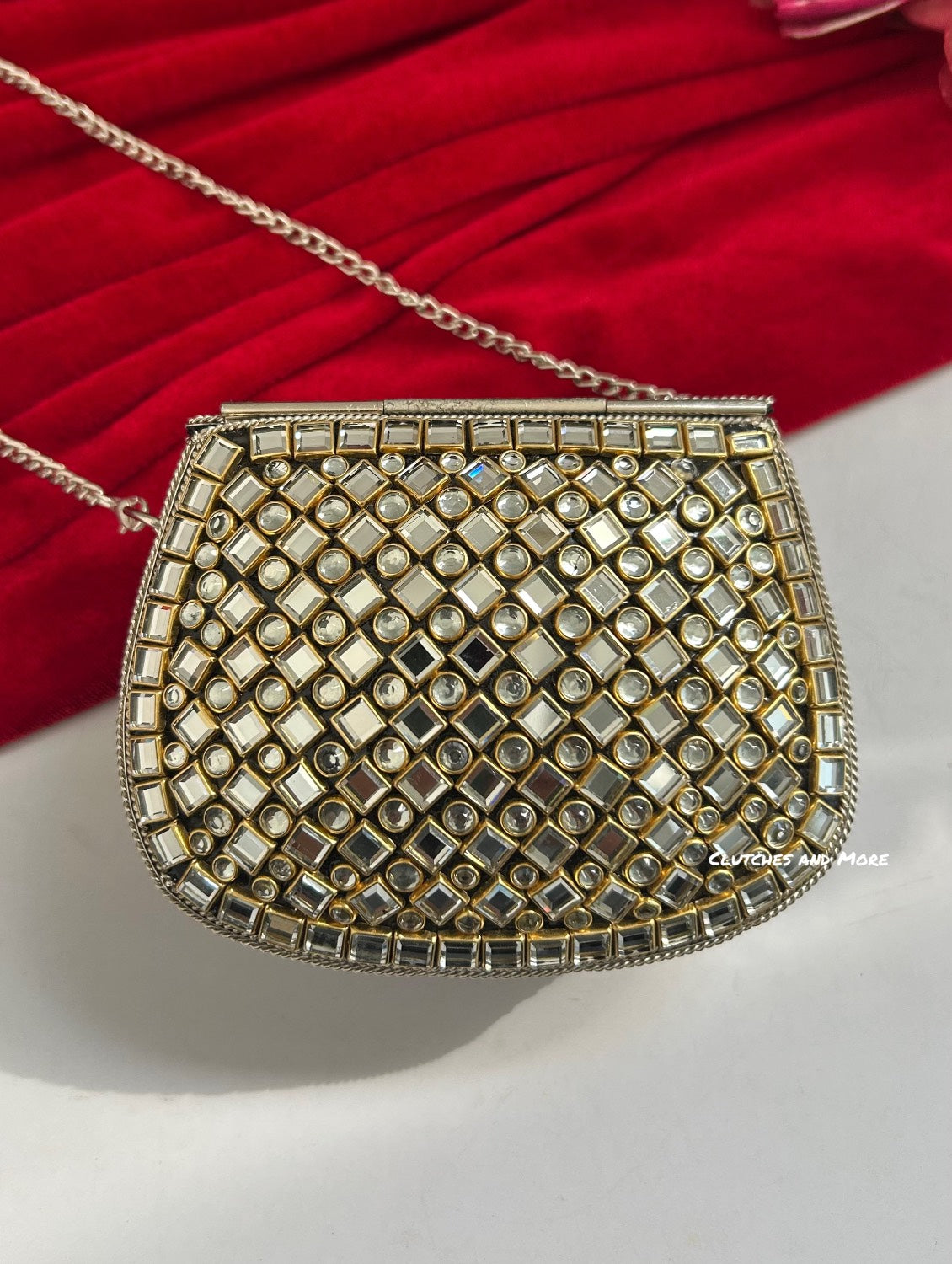 Kasika Kundan Brass Clutch Mini Silver