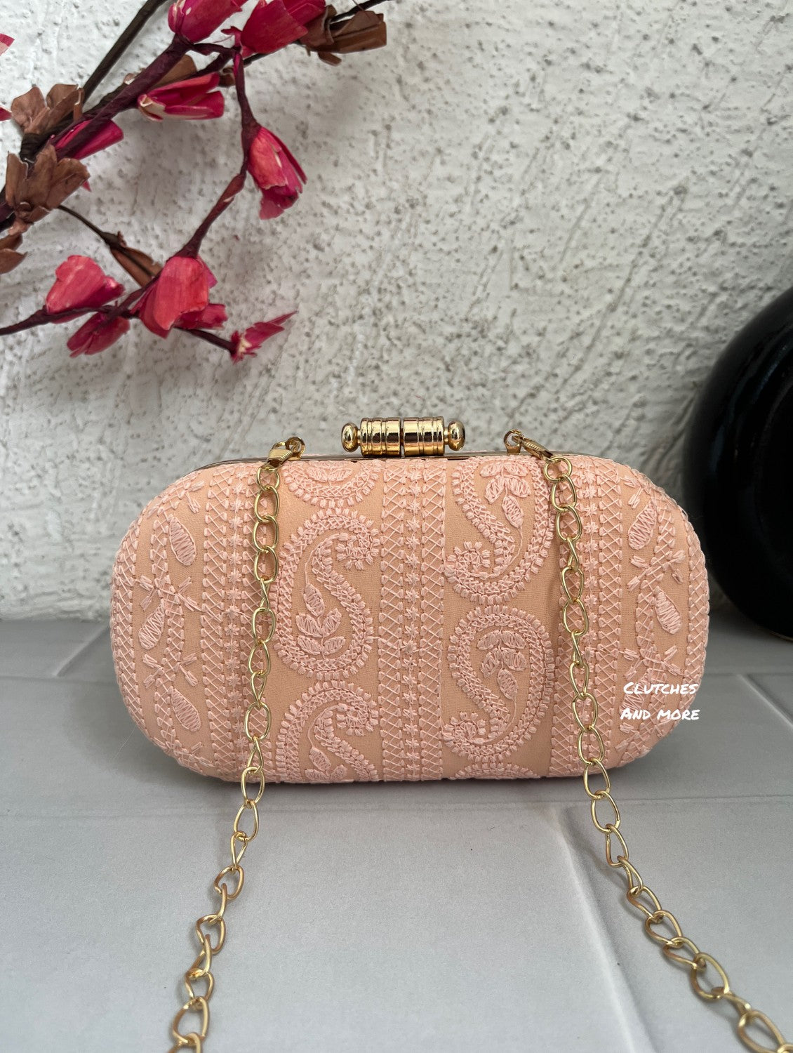 Chikankari Peach capsule clutch