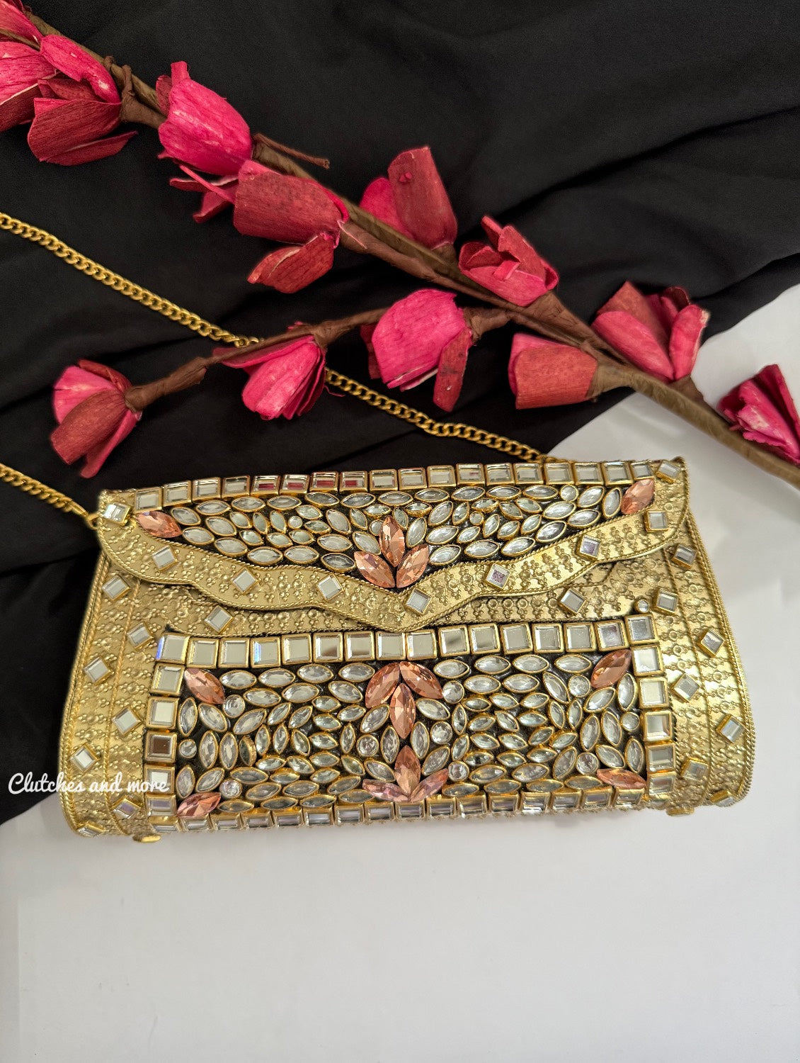 Kasika Kundan Brass Clutch Gold Rose Gold