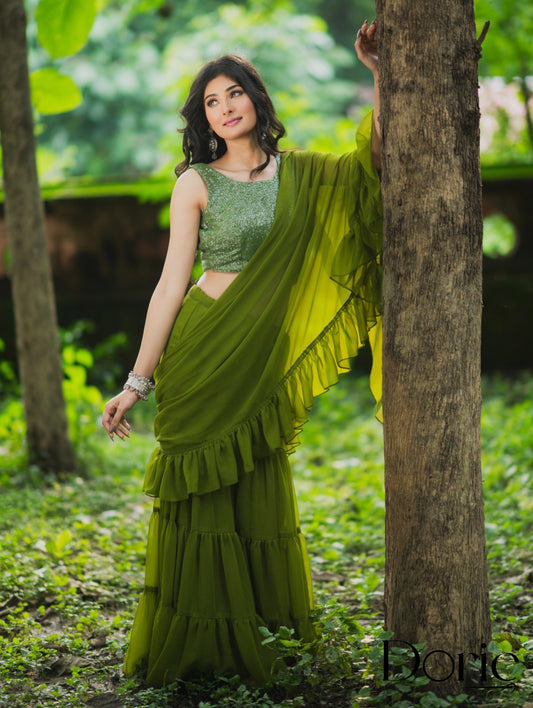 Green Georgette Pre Draped Sharara Saree by Dorie