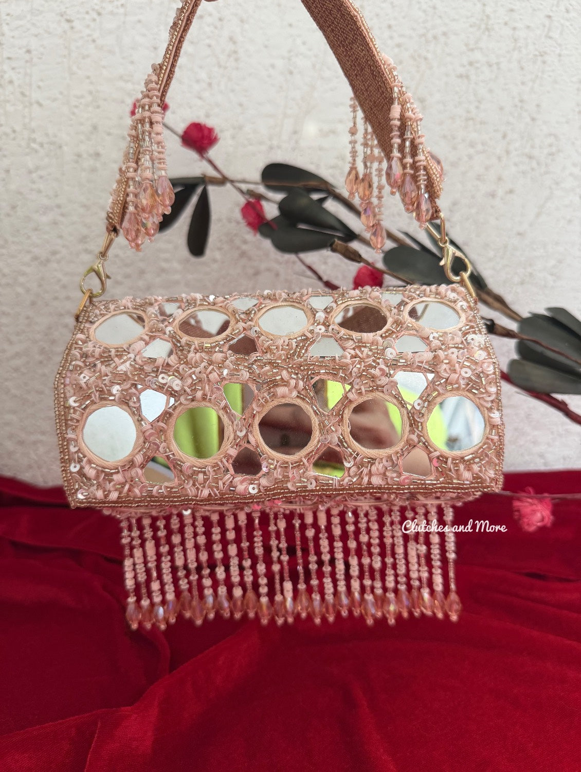 Cylindrical Mirror Bag with Tassles Rose Gold