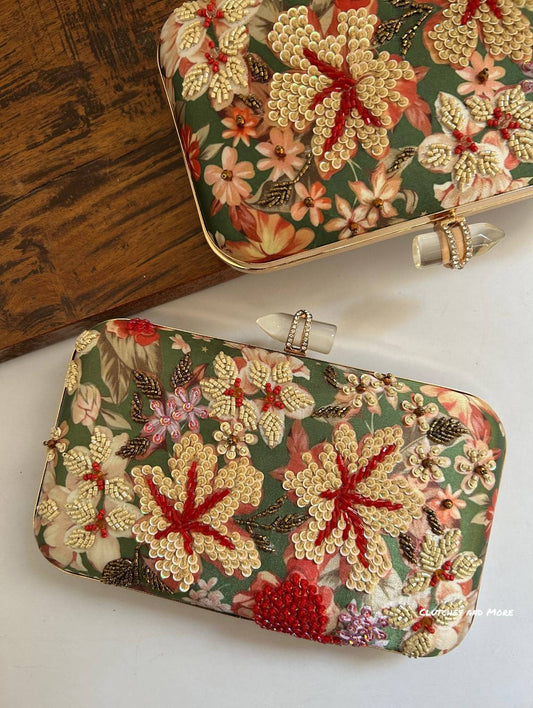 Poppy Green Multicoloured Floral Clutch