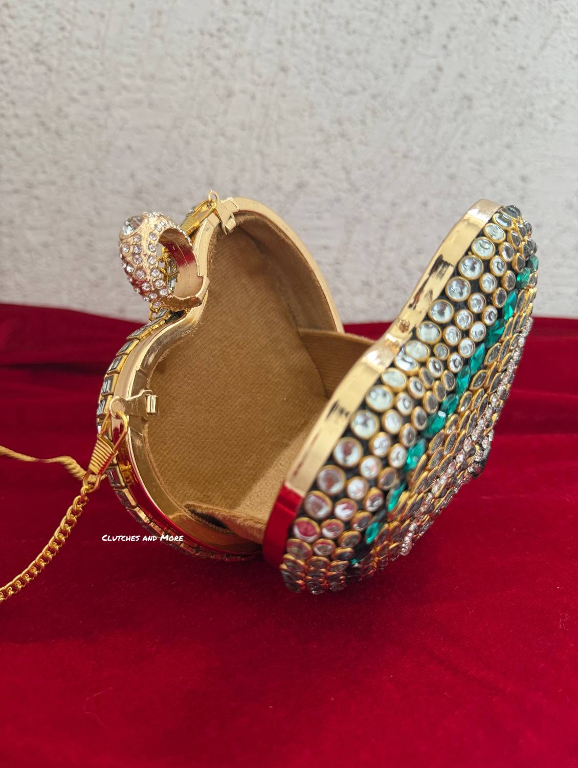 Kiana Kundan Heart Clutch Mini Green Gold