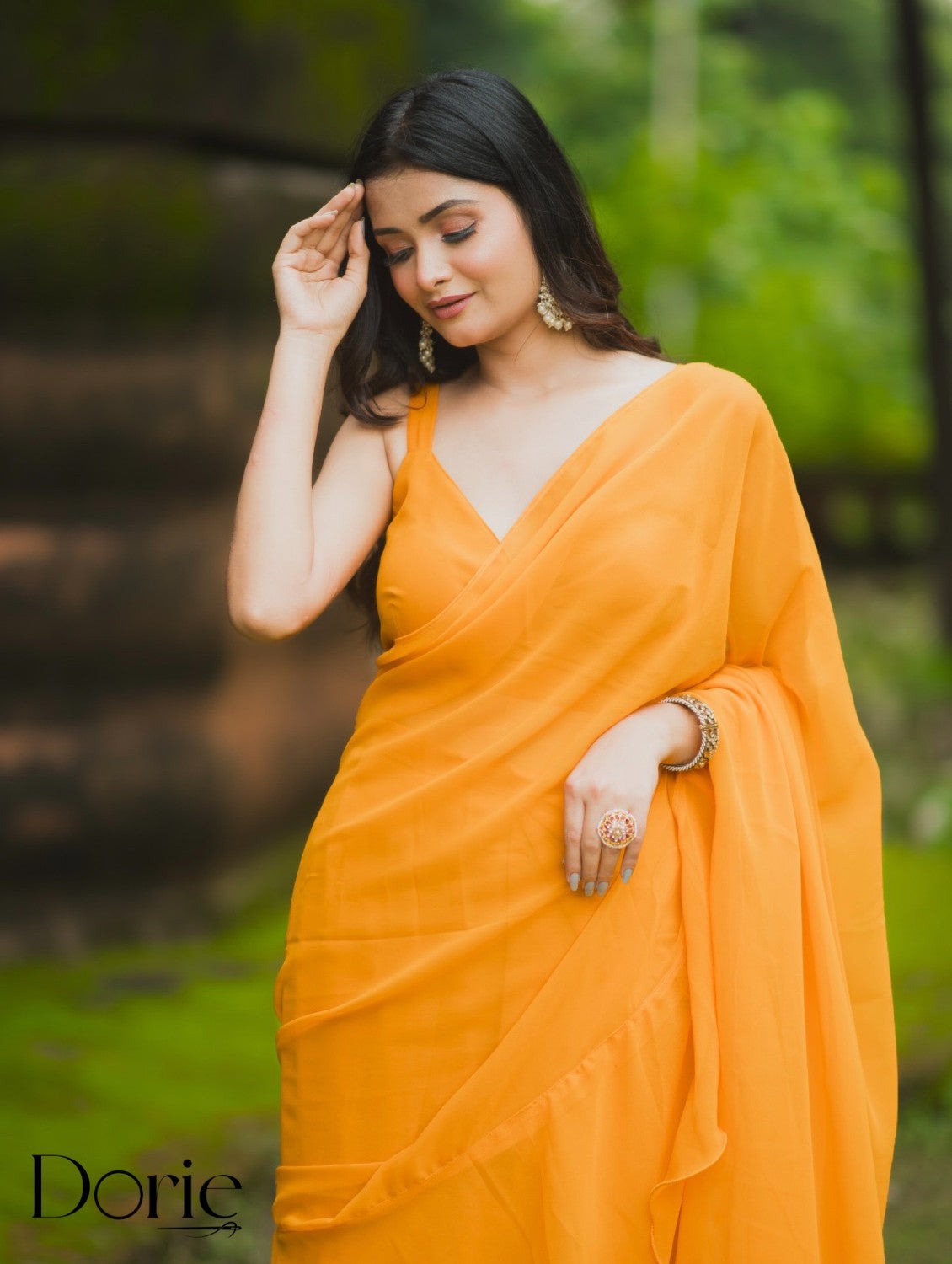 Yellow Georgette Pre Draped Saree by Dorie