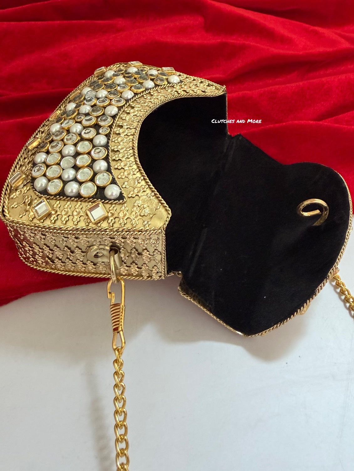 Kasika Kundan Brass Clutch Mini Gold White