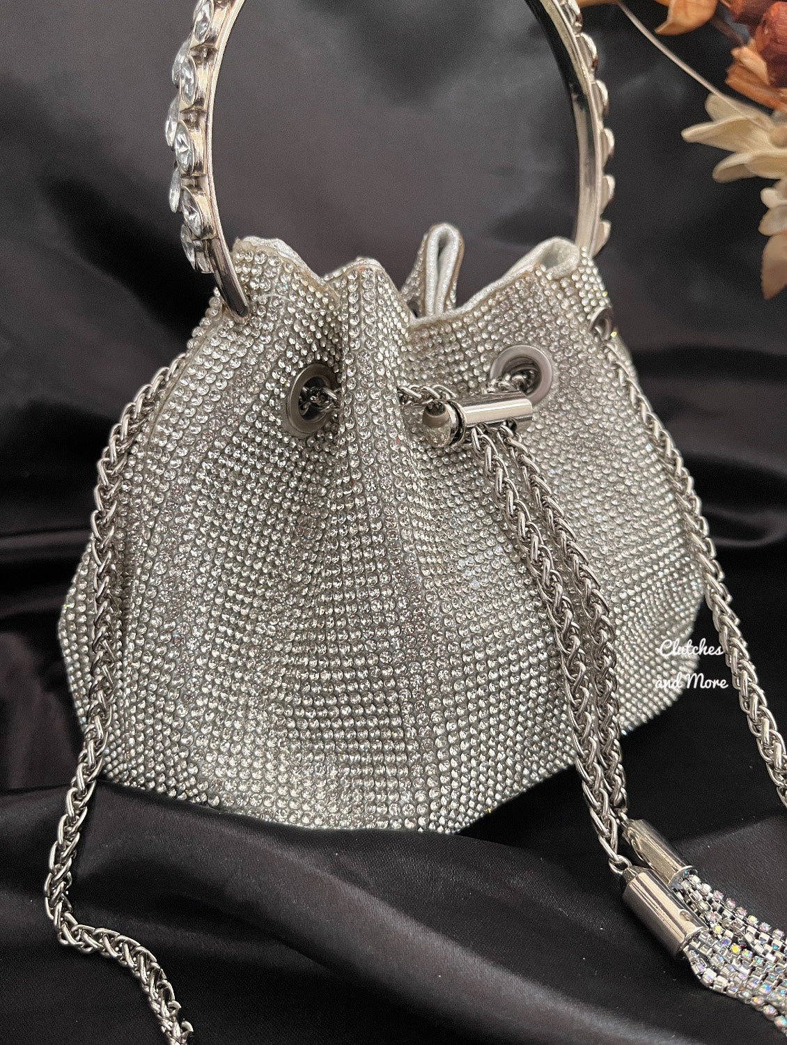 Silver Rhinestone Bucket Bag with Handle