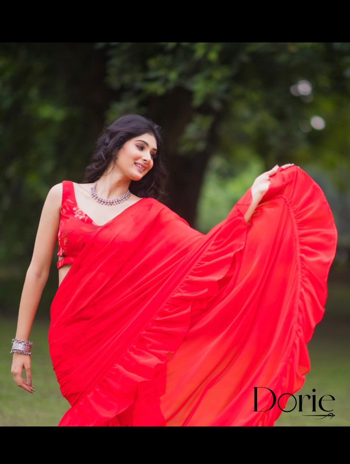 Red Georgette Pre Draped Saree by Dorie