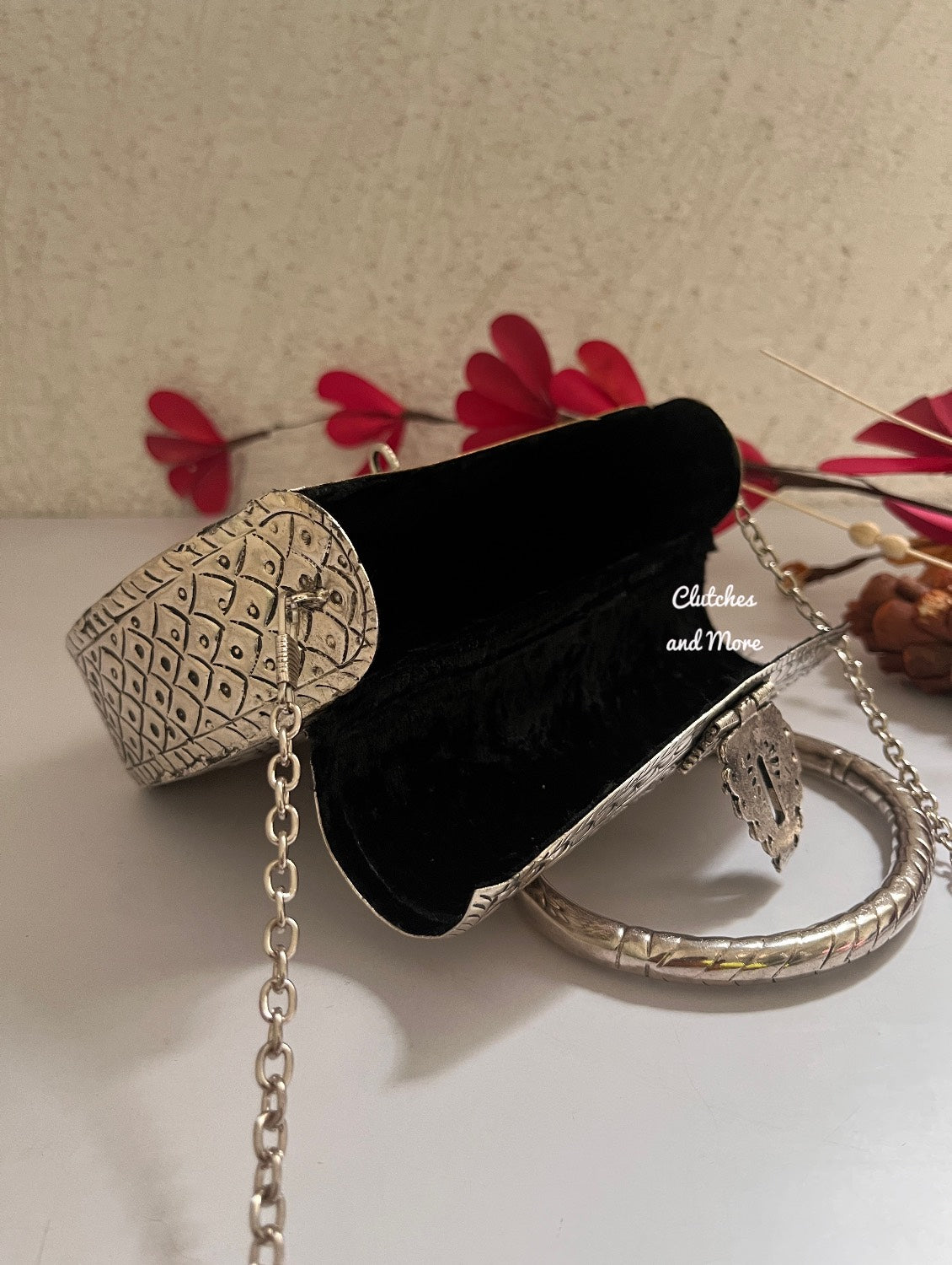 Silver Brass Clutch with hand and Chain