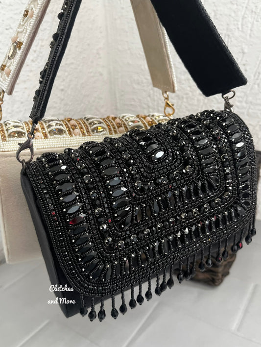 Black Stone and Crystal Flap Bag