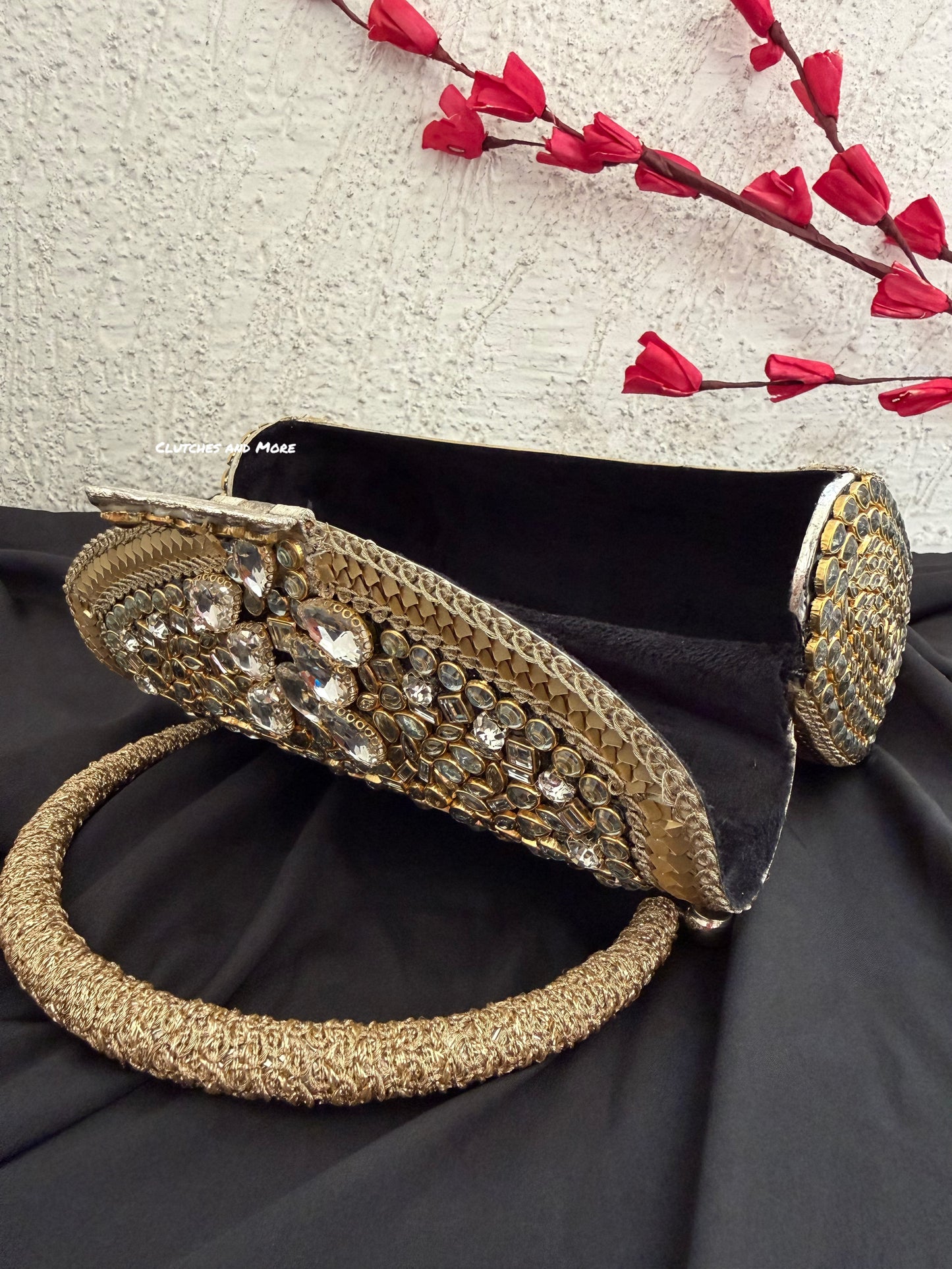 Mehnaaz Kundan Brass Clutch Gold White