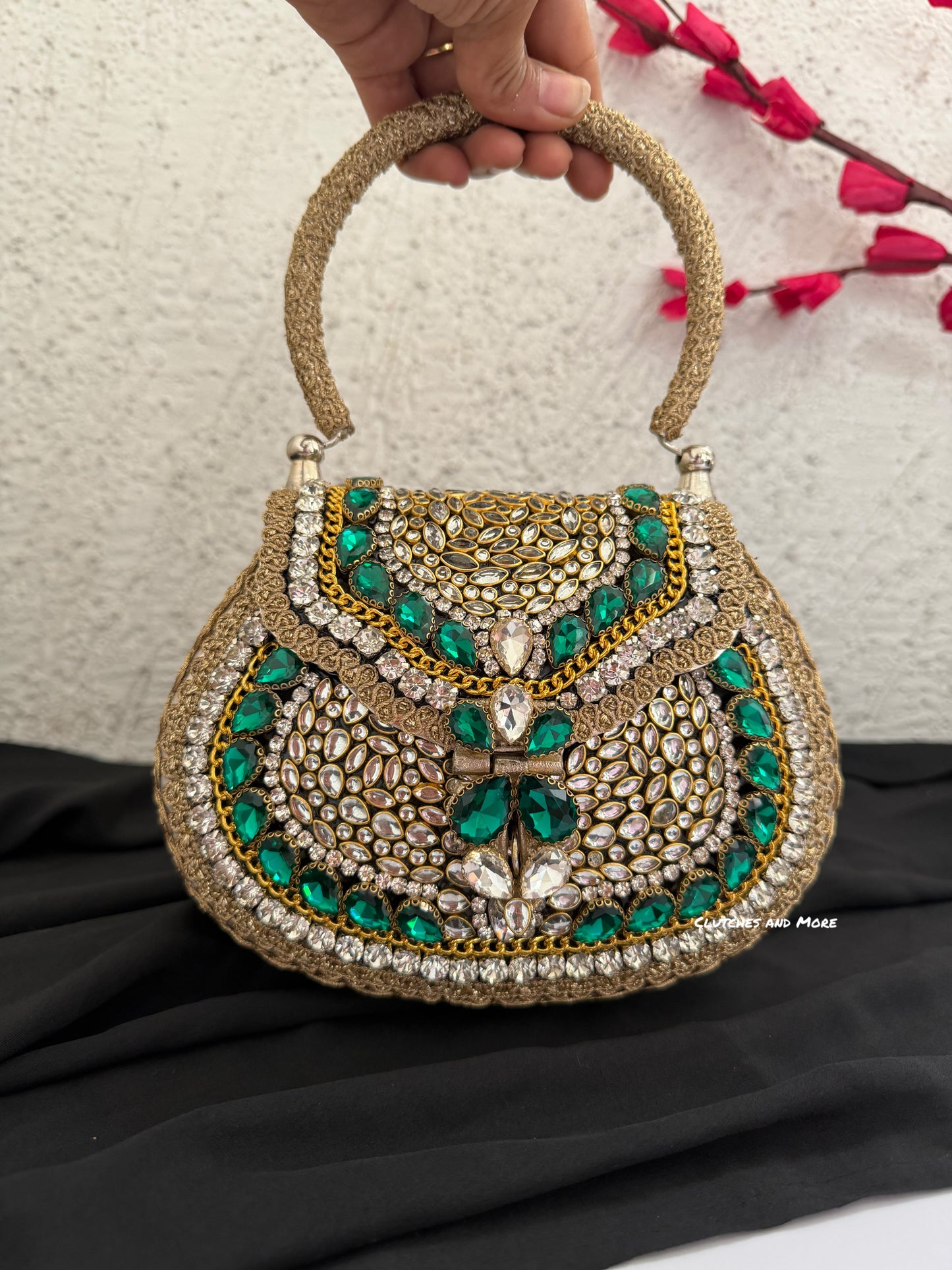 Mehnaaz Kundan Brass Clutch Green Gold White