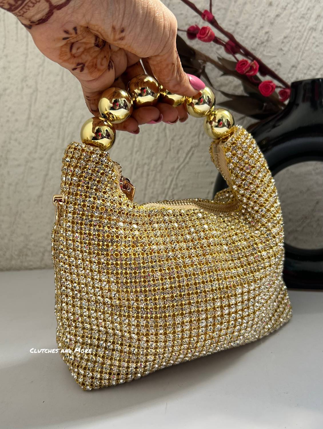 Rhinestone Gold Bag With Pearl Handle