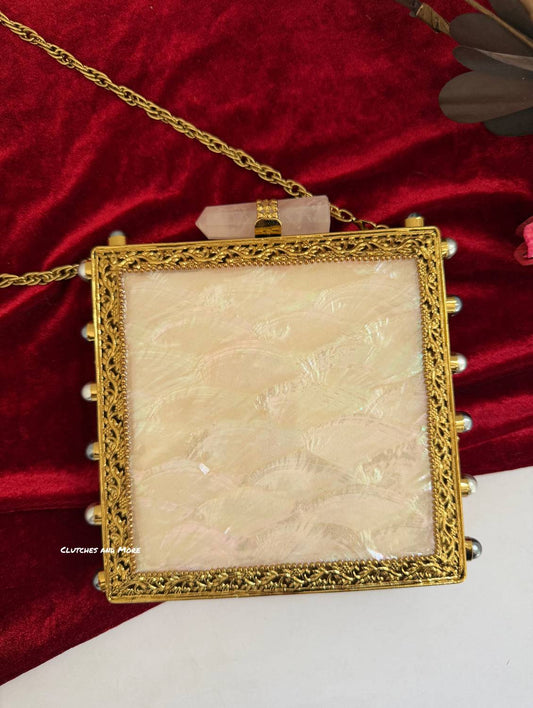 Square Mother of Pearl luxury clutch White Gold