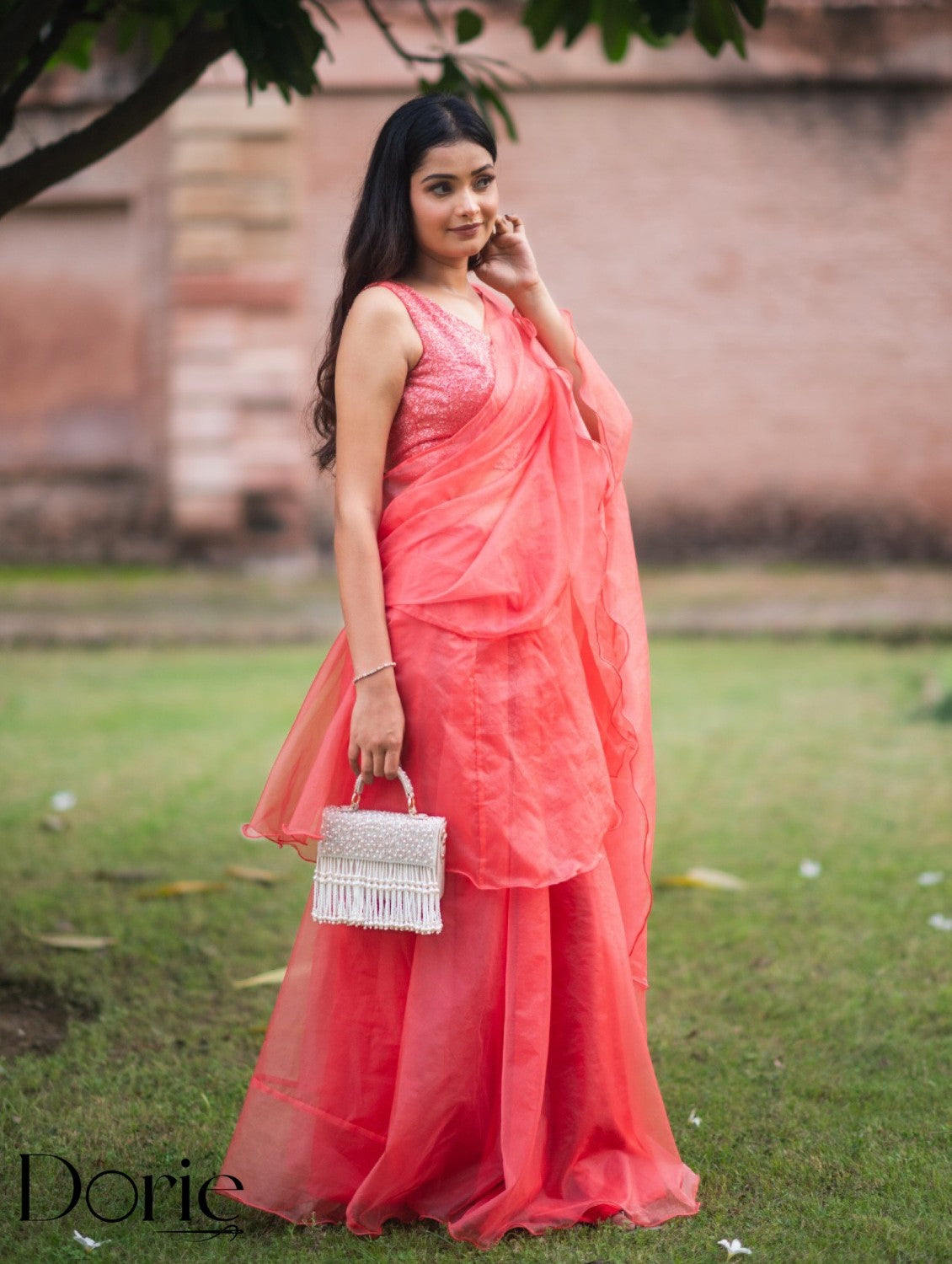 Peach Organza Pre Draped Saree Lehenga by Dorie