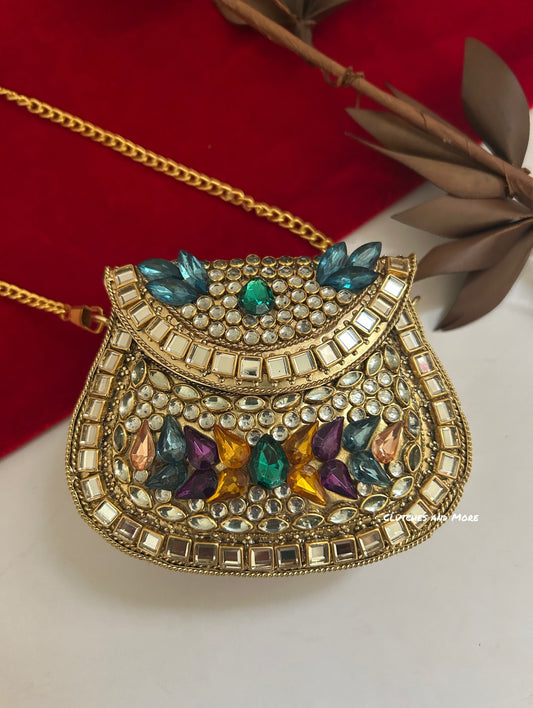 Kasika Kundan Brass Mini Clutch Multicolored