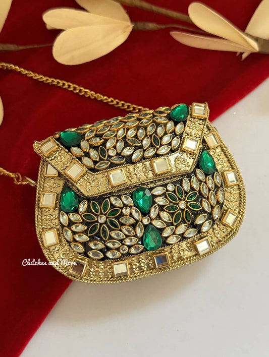 Kasika Kundan Brass Clutch Mini Green
