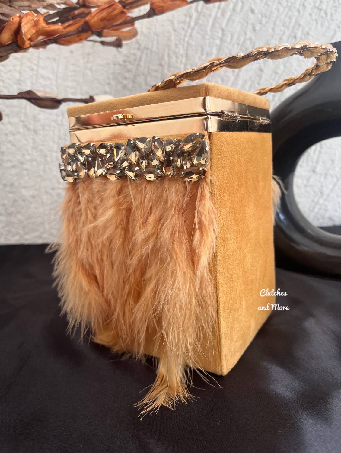 Feather Box Clutch Gold