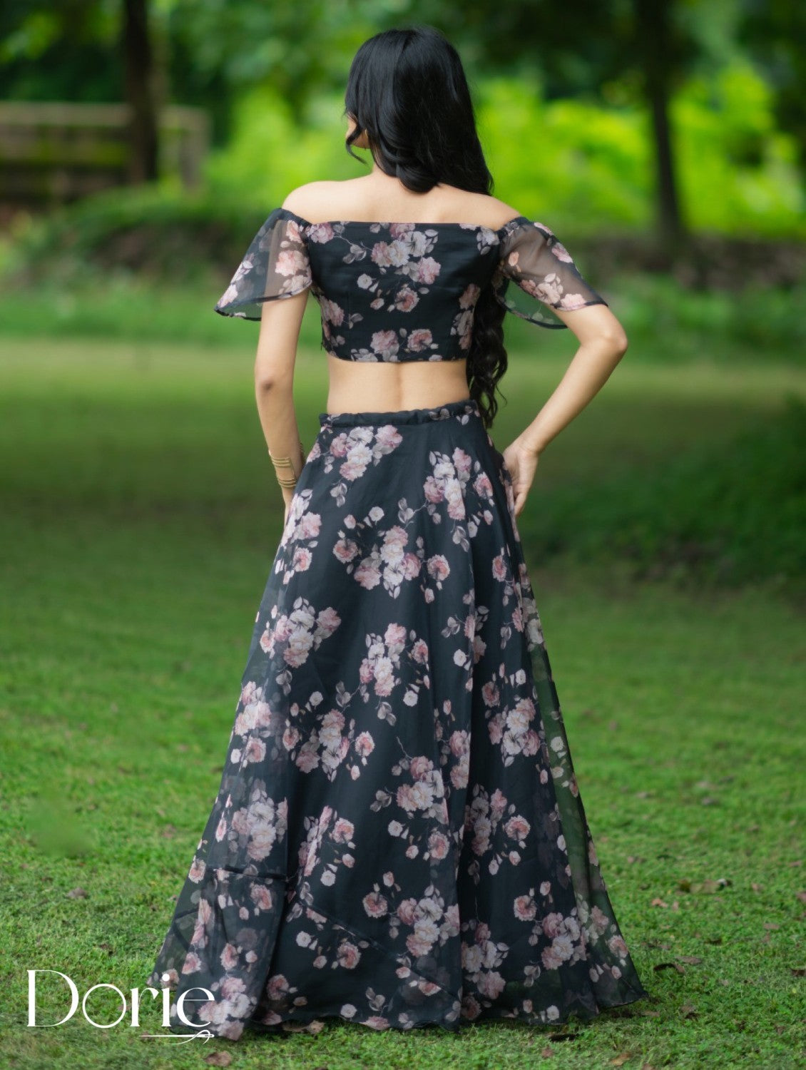 Black Floral Organza Lehenga by Dorie