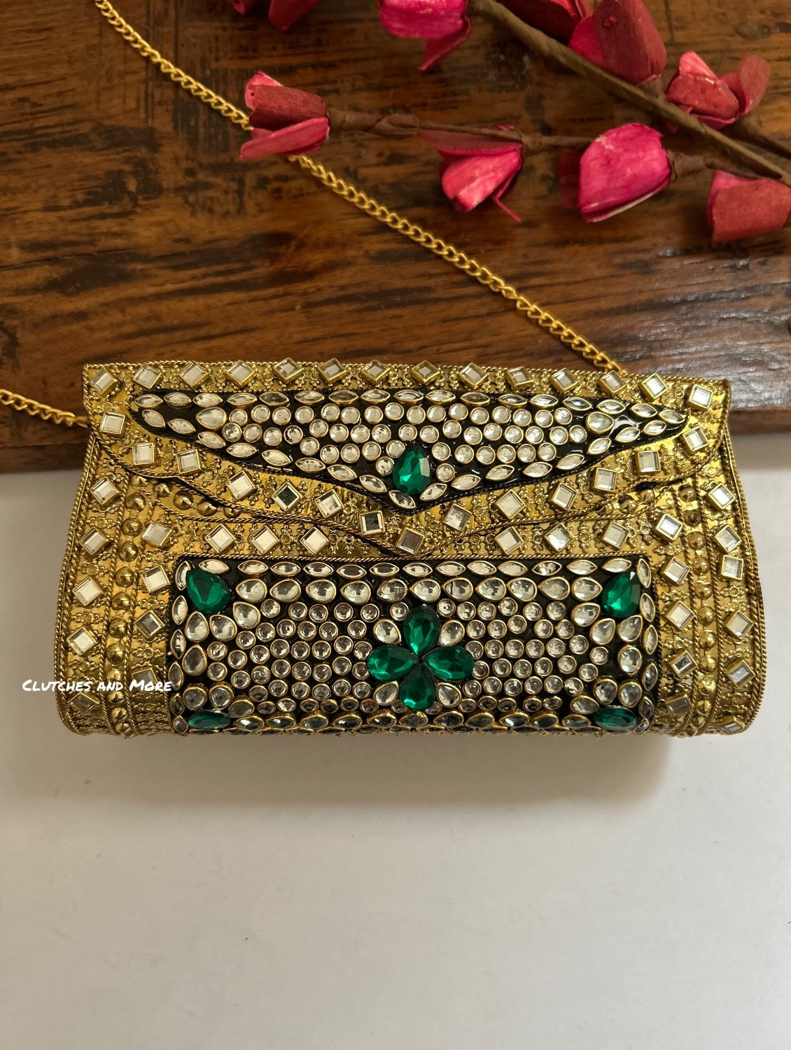 Kasika Kundan Brass Clutch Gold Green