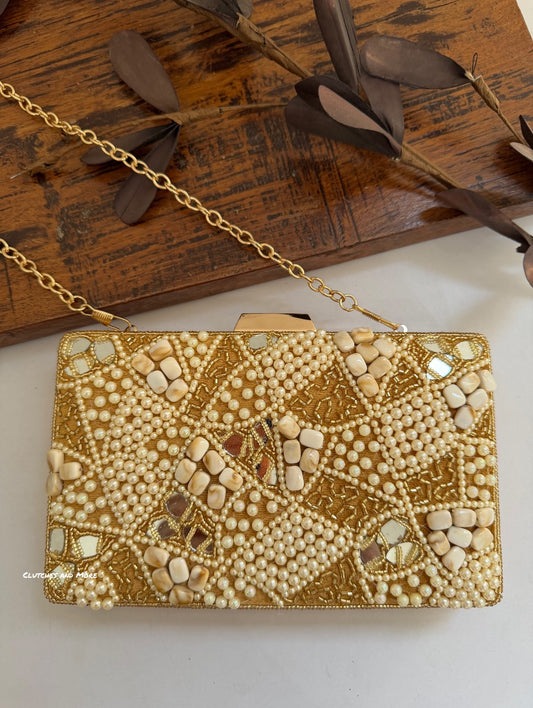 Elara Pearl and Shell Clutch Gold