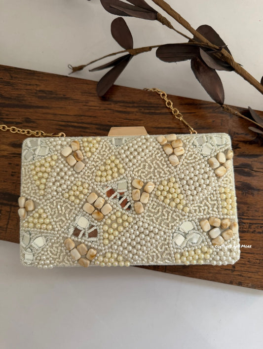 Elara Pearl and Shell Clutch White