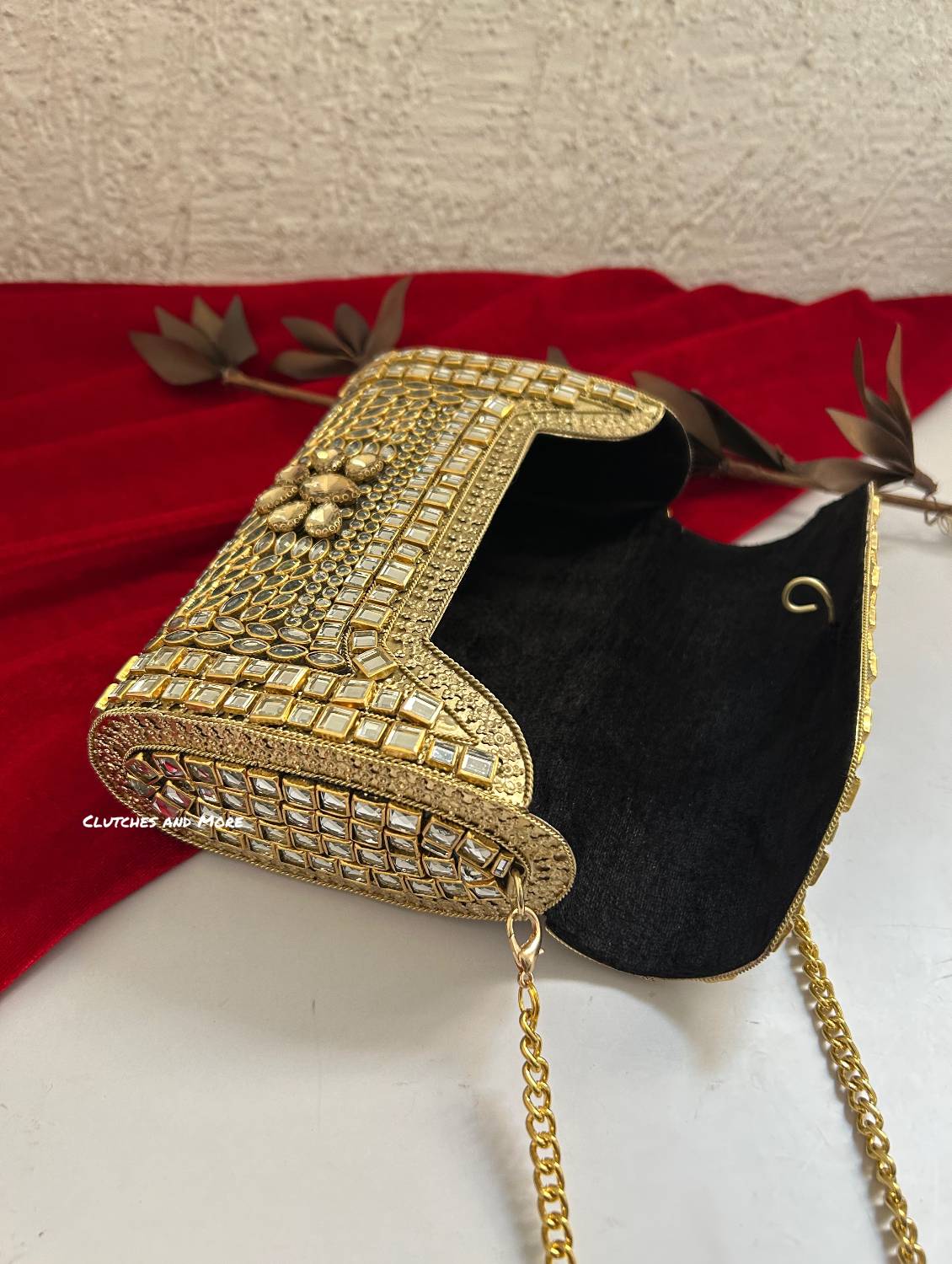 Kashish Kundan Brass Clutch Nude Gold
