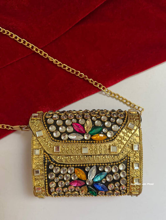 Kasika Kundan Brass Clutch Mini Multicolored