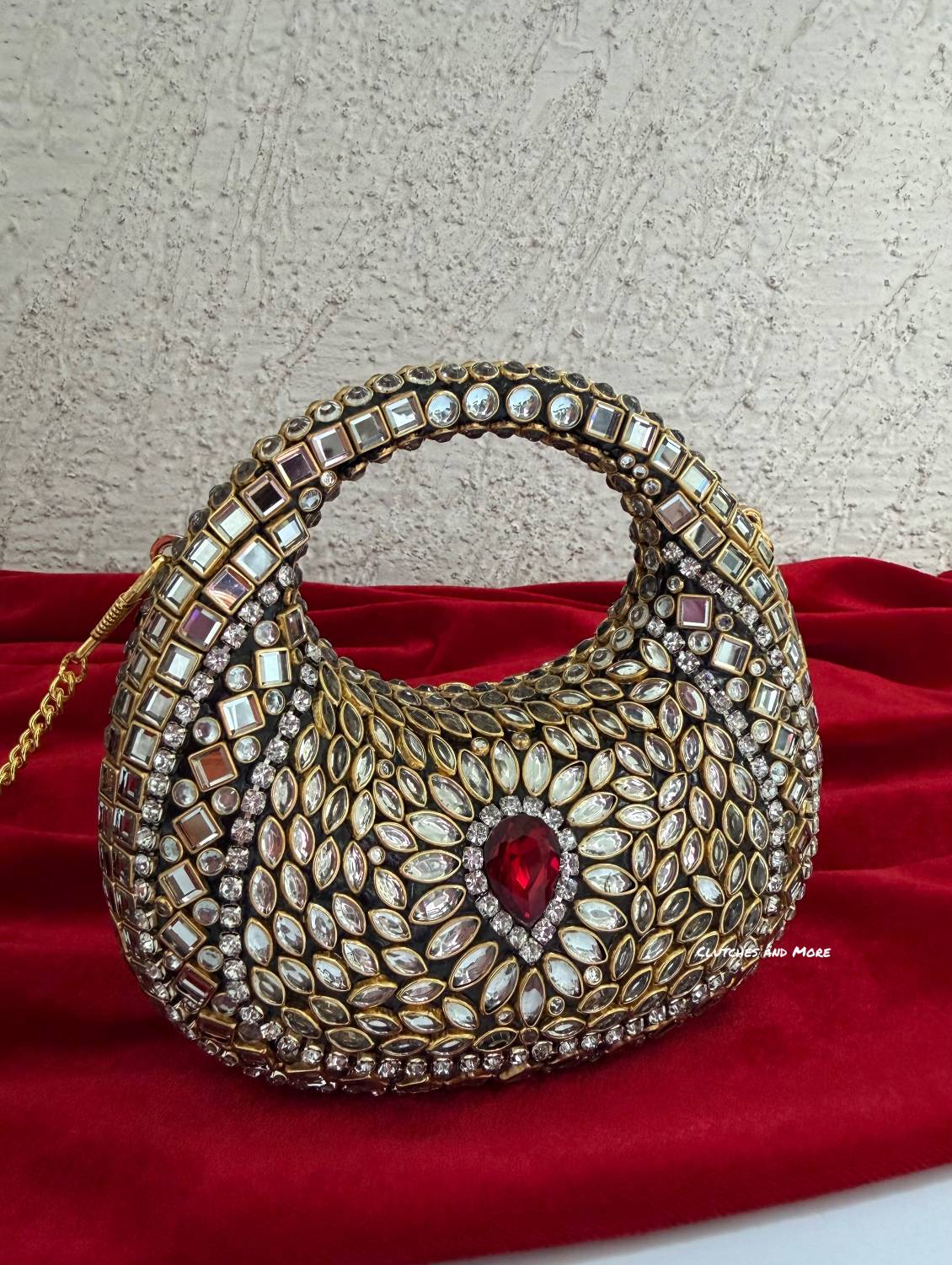 Kiana Kundan Clutch Mini Red Gold