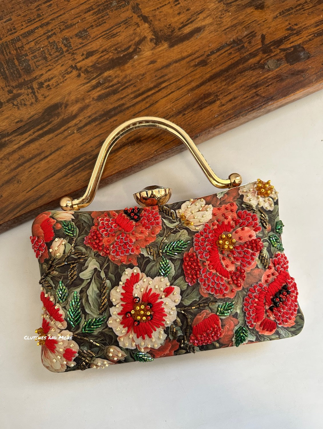 Poppy Green Red Floral Clutch with diamond handle