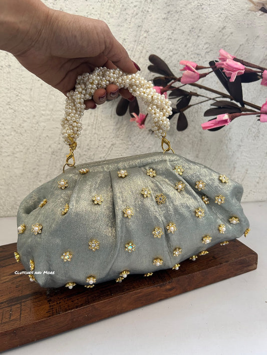 Kundan Batua Bag Silverish Blue