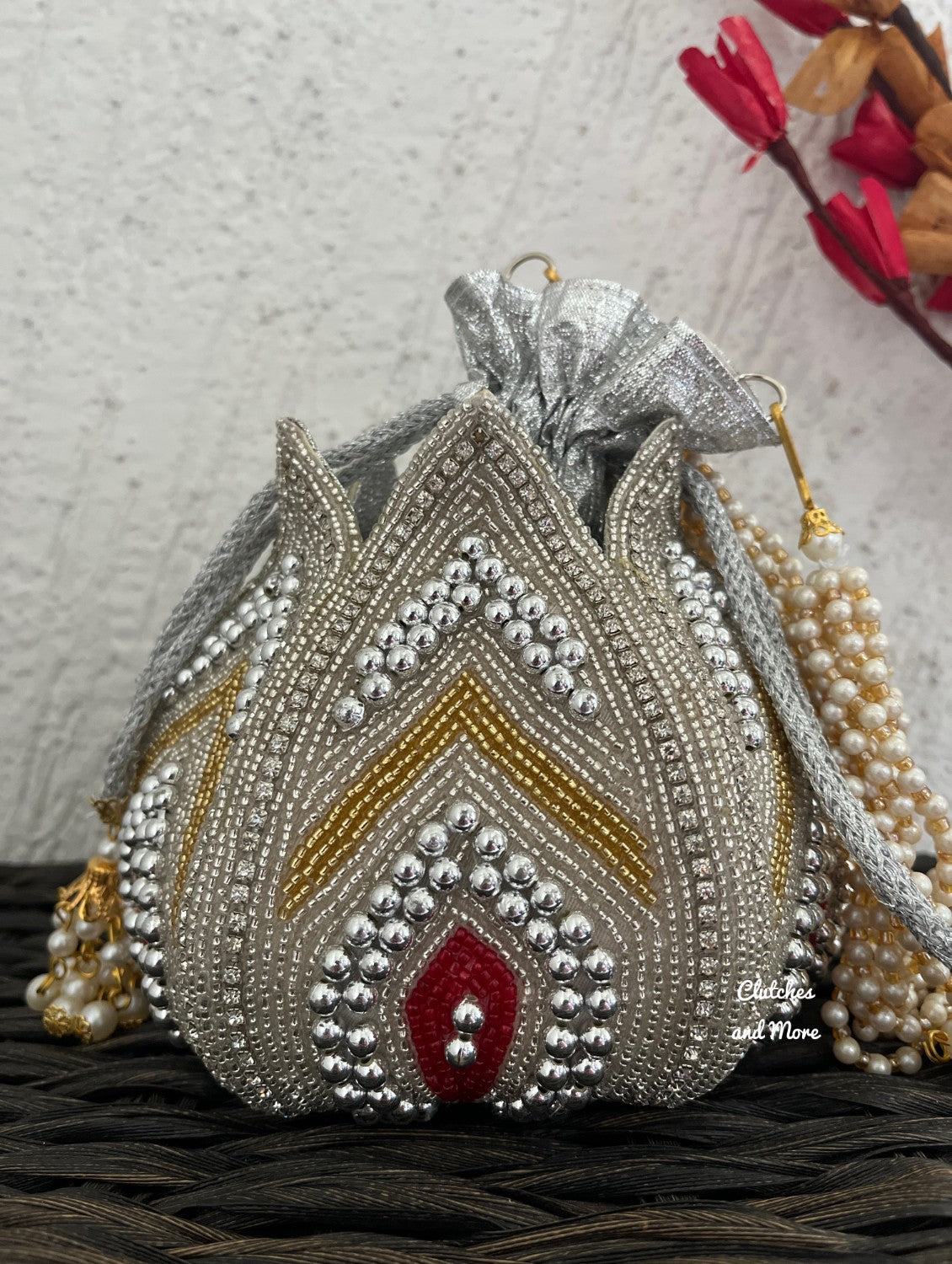 Silver Beaded lotus potli