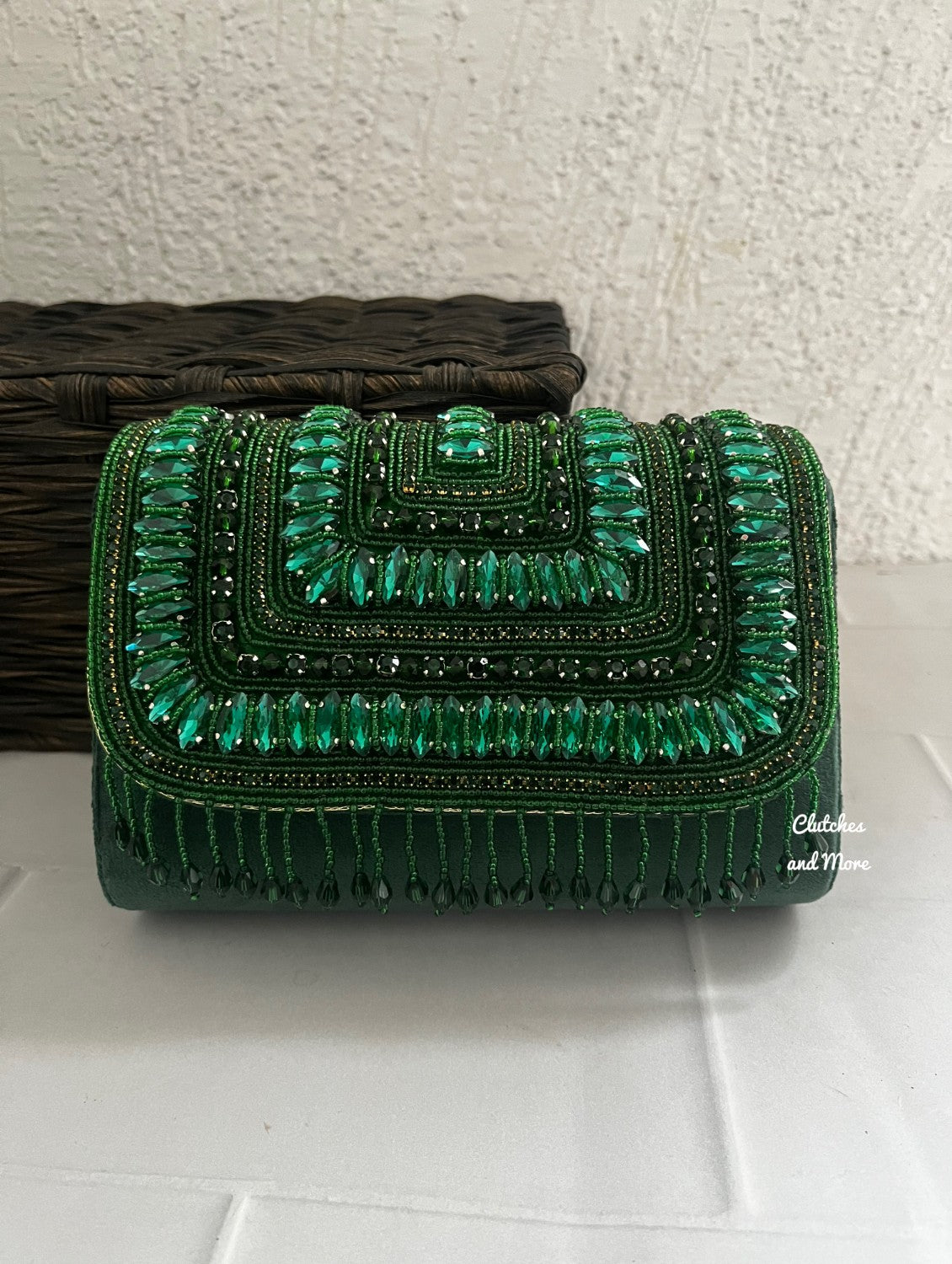 Green Stone and Crystal Flap Bag