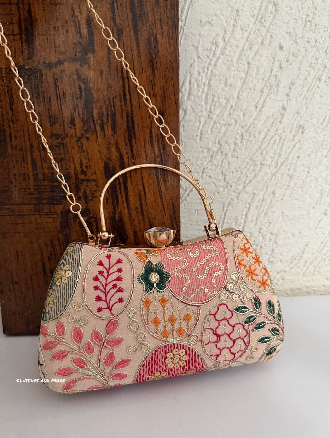 Lakhnawi Chikankari Box Clutch Peach