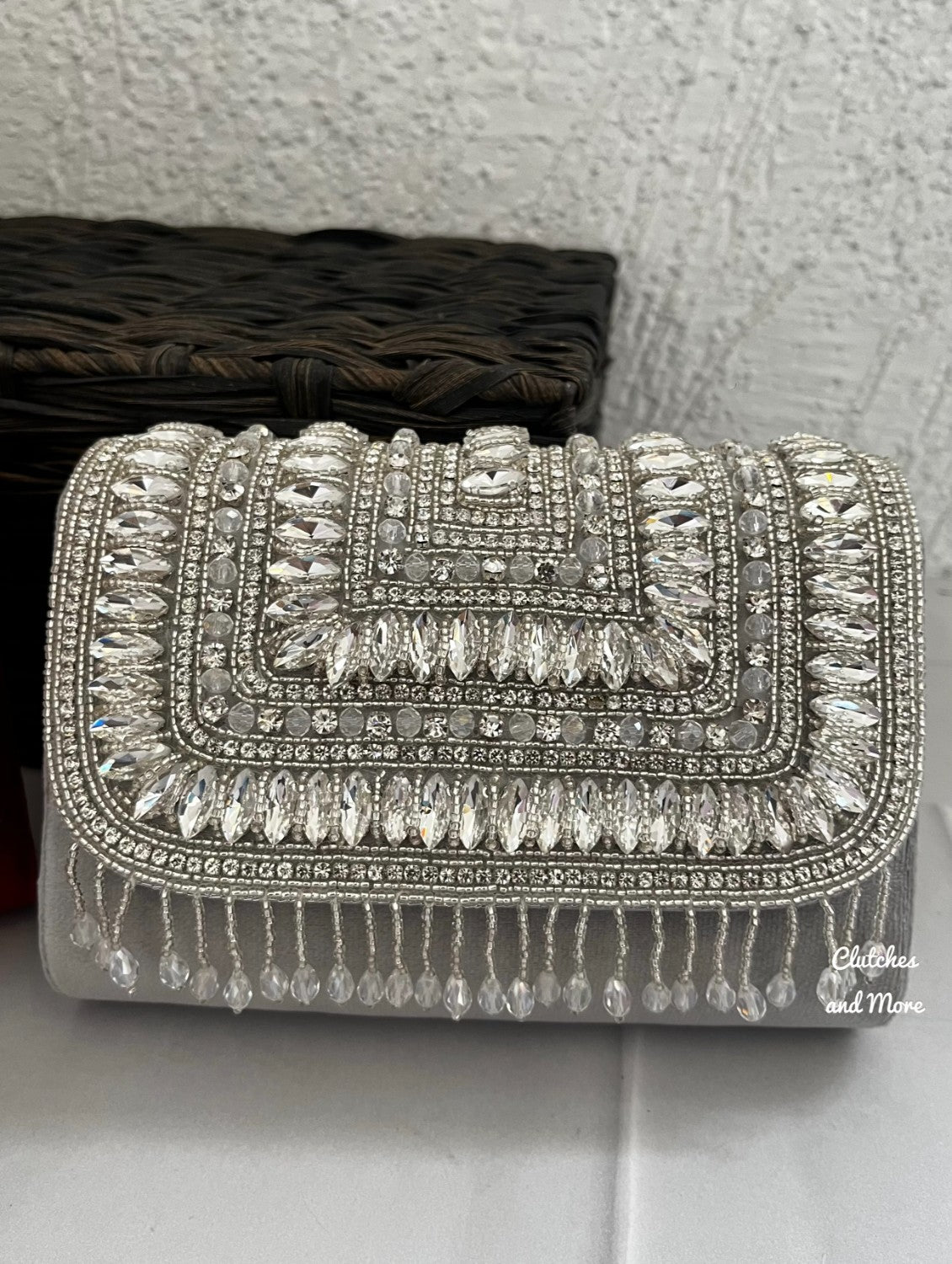 Silver Stone and Crystal Flap Bag