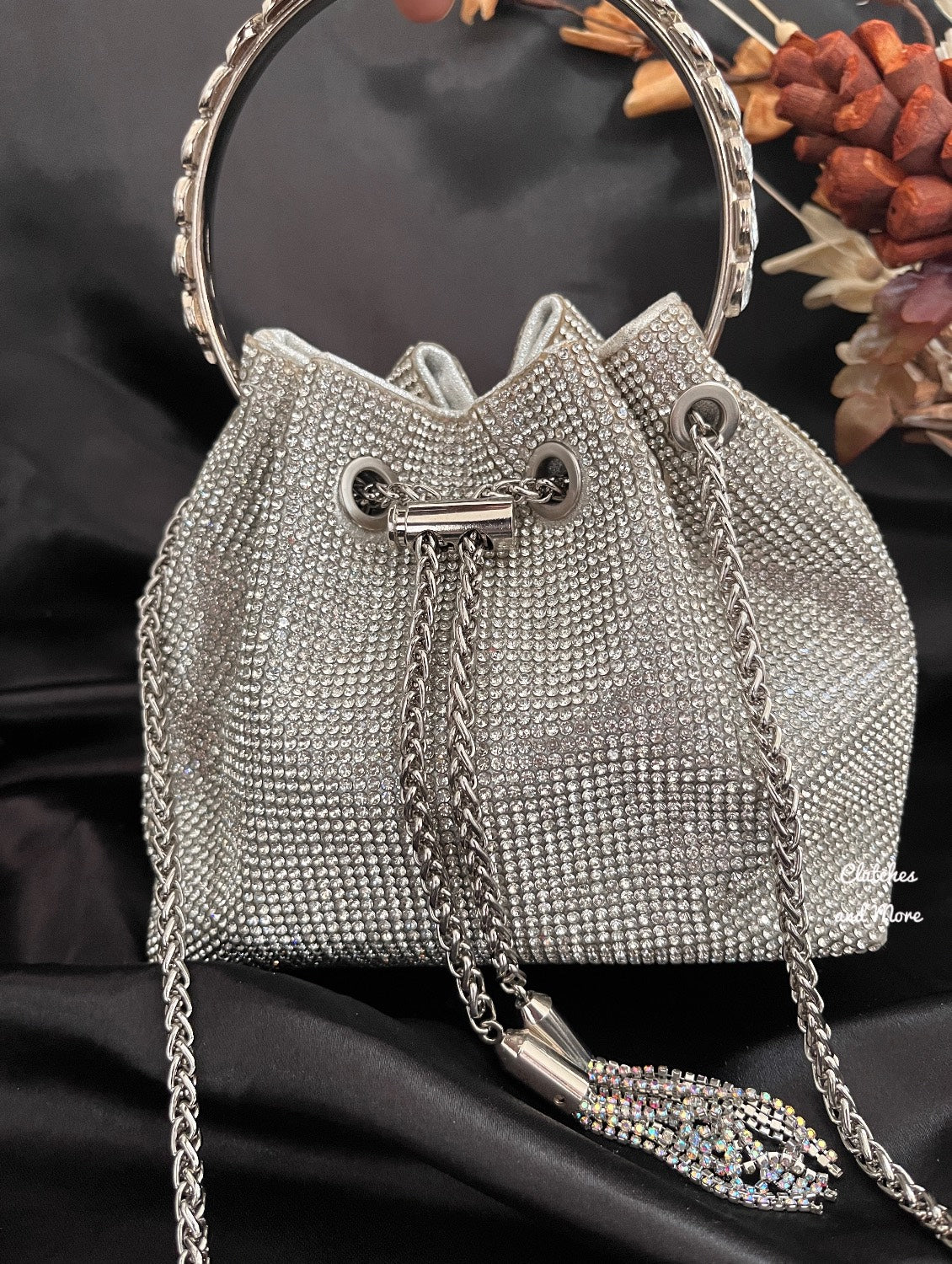 Silver Rhinestone Bucket Bag with Handle