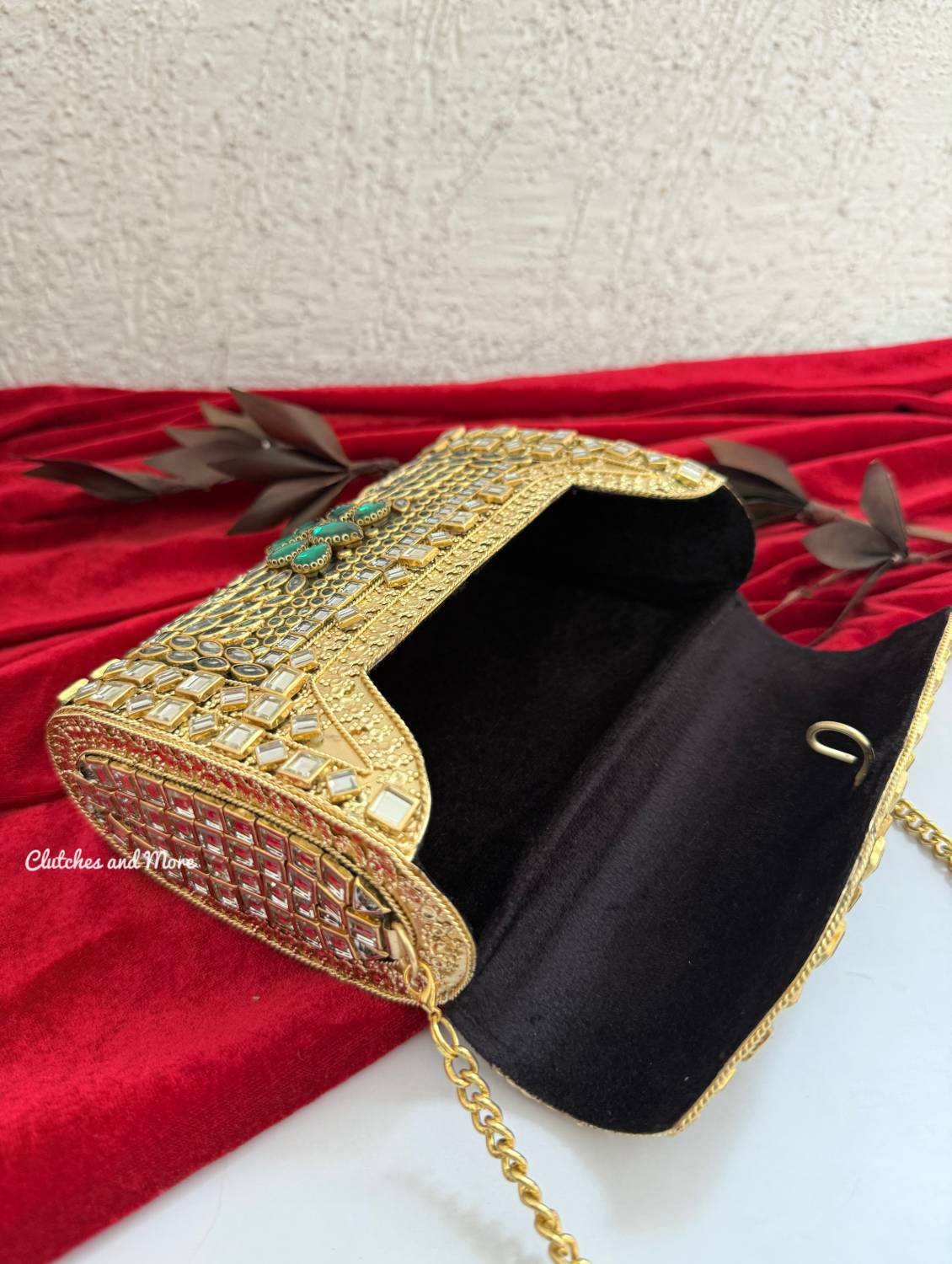Kashish Kundan Brass Clutch Green Gold
