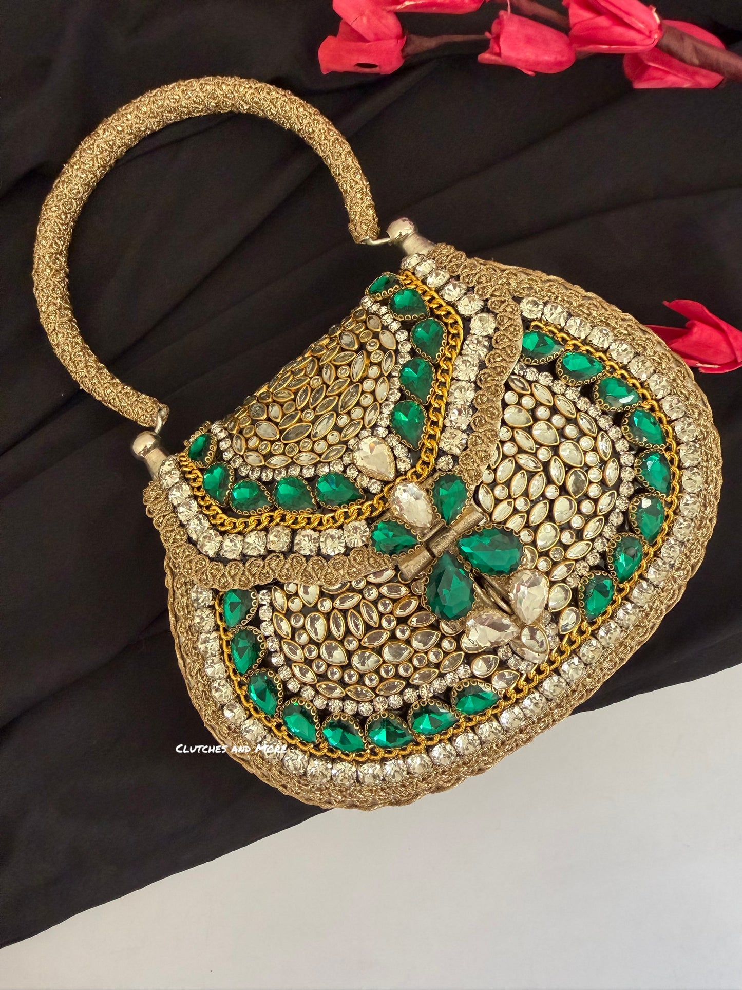 Mehnaaz Kundan Brass Clutch Green Gold White