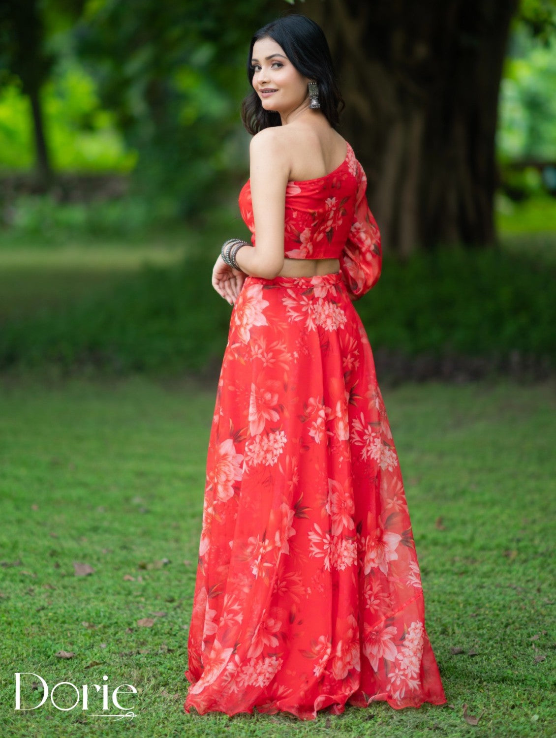 Red Organza Lehenga by Dorie