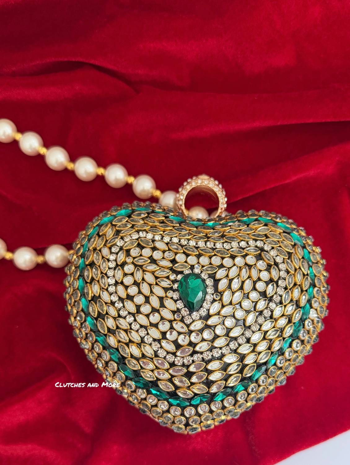Kiana Kundan Heart Clutch Mini Green Gold