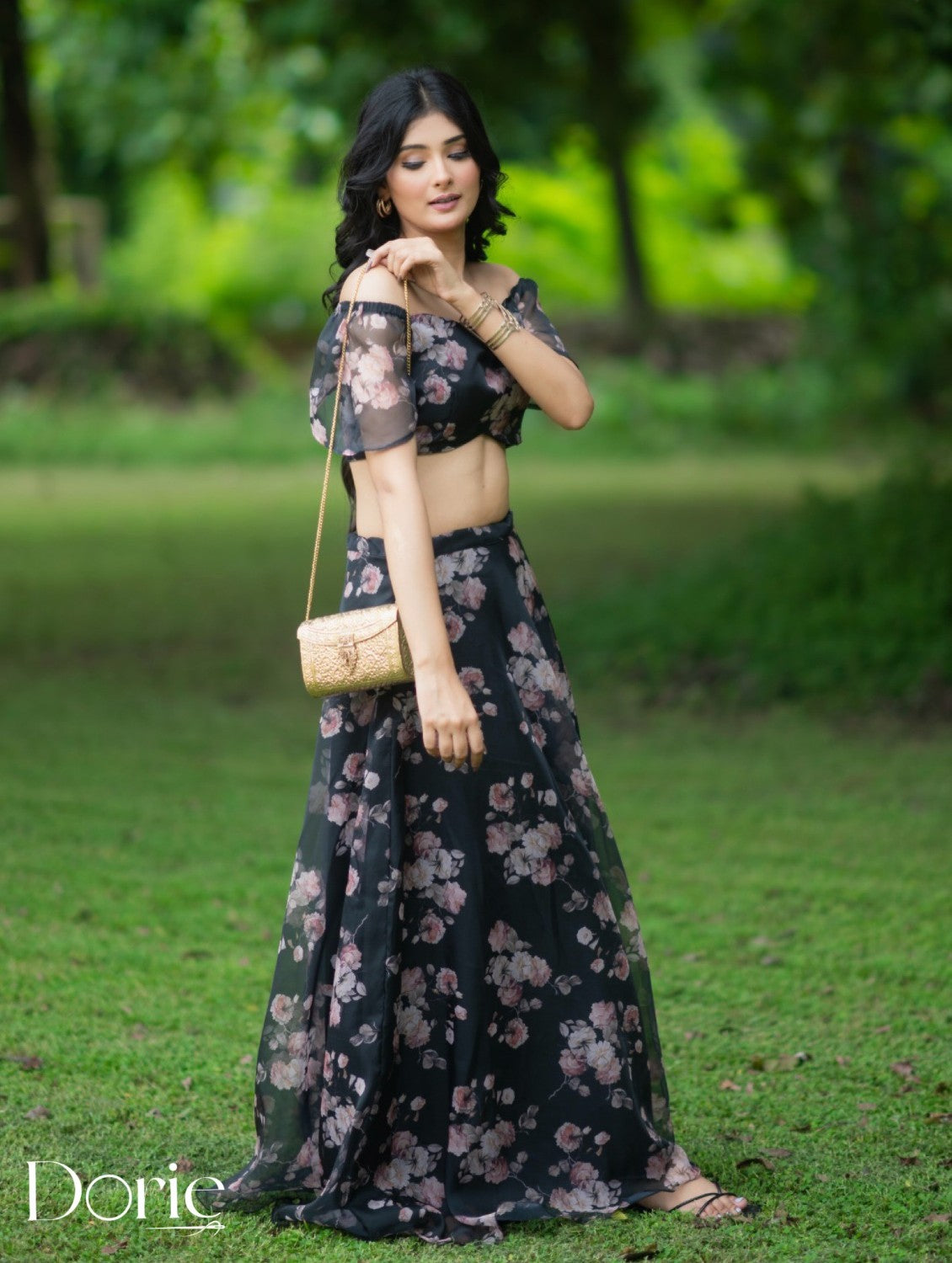 Black Floral Organza Lehenga by Dorie