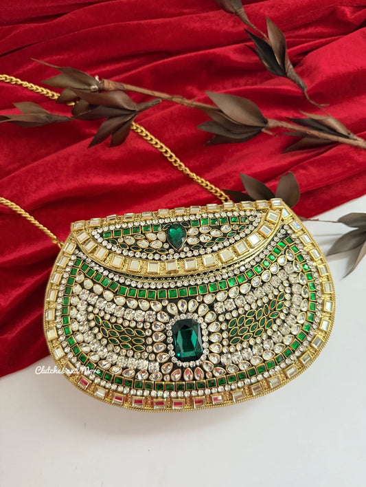 Kashish Kundan Brass Clutch Gold Green