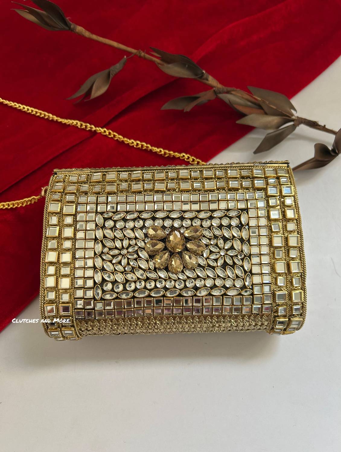 Kashish Kundan Brass Clutch Nude Gold
